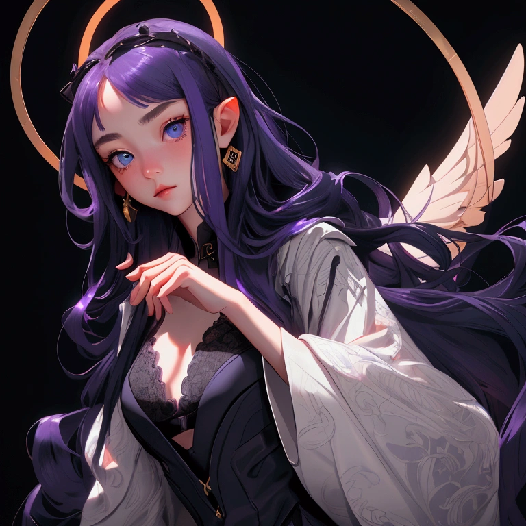 envision a 8k, highres, cinematic, close up beautiful portrait of a slender girl named Ina'nis Ninomae with long purple hair, blue eyes, in a black dress with lace and waist wings with a golden halo above her head against a dark gray background