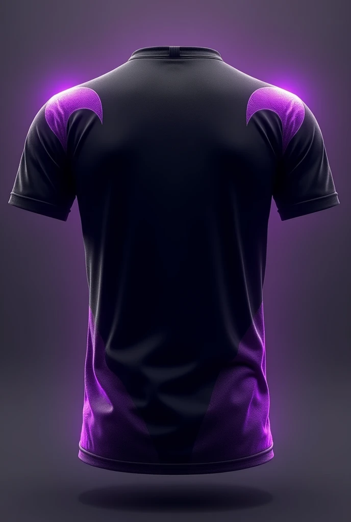 A black team shirt with a purple gradient on the bottom of the shirt and on the sleeves also in a purple crescent.That had great fabric.Make the back of this shirt