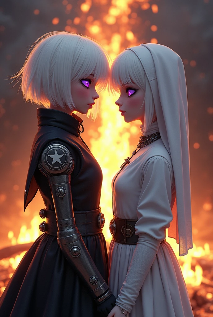 Two albino girls from the Middle Ages with white hair and violet eyes with their backs turned to each other, the one on the left with short hair wearing black alchemist clothes and her left arm with a steampunk prosthesis with a pentagram., and girl on the right in white nun clothes, and a cross necklace, facing a bonfire tour.