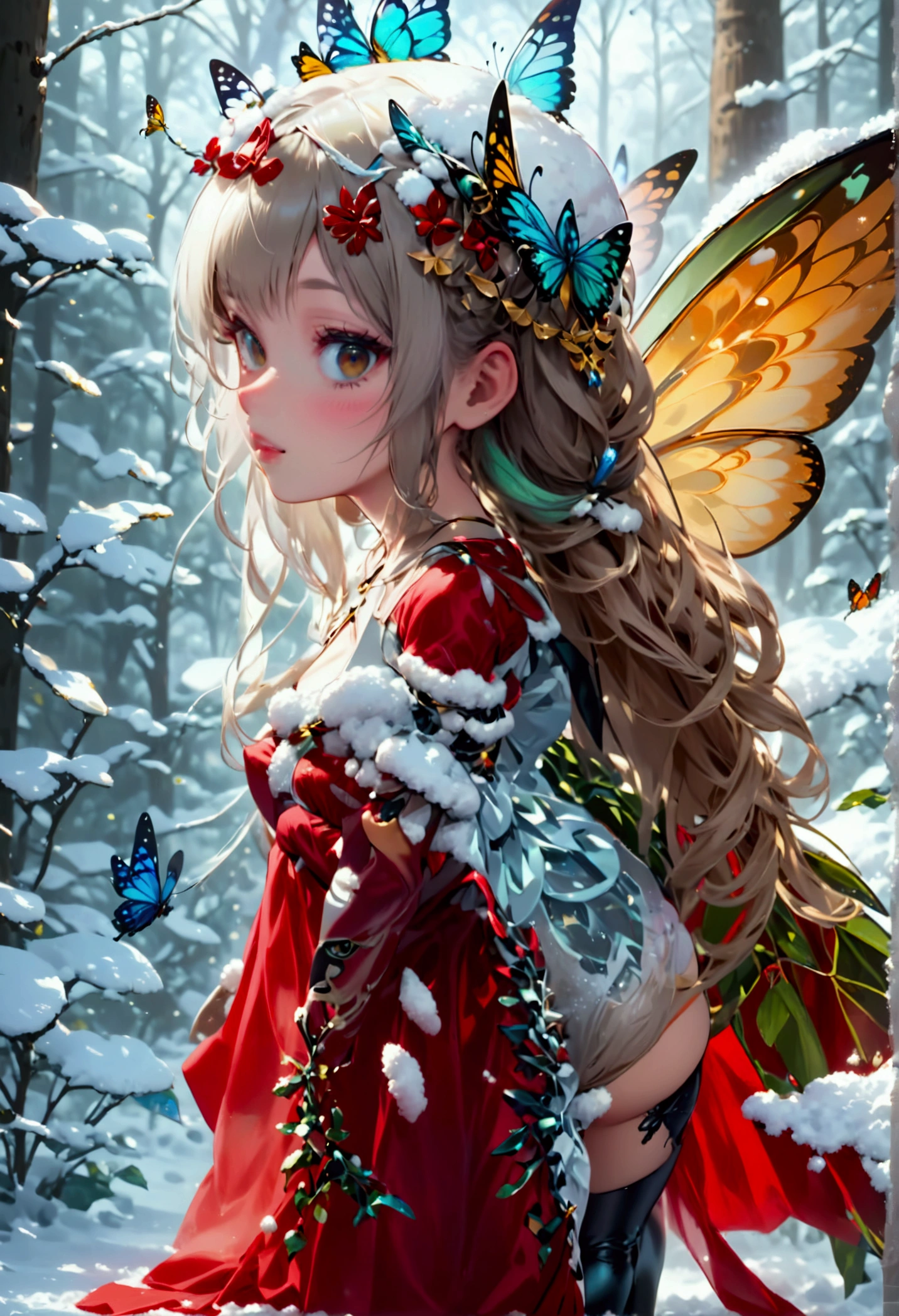 (oil painting art: 1.5) a most beautiful fairy playing in the snow, a beautiful fairy, ((full body shot: 1.5)), (best detailed face: 1.3), spread butterfly wings, dynamic hair color, dynamic hair style, busty, wearing red silk dress, intricate silk, wearing high heels boots, she is playing the snow, fresh snow in the forest, high snow, long shot,  High Detail, Ultra High Quality, High Resolution, 16K Resolution, Ultra HD Pictures, Ultra Realistic, Clear Details, Realistic Detail, Ultra High Definition, DonMF41ryW1ng5XL, Cryptic Paladin 001