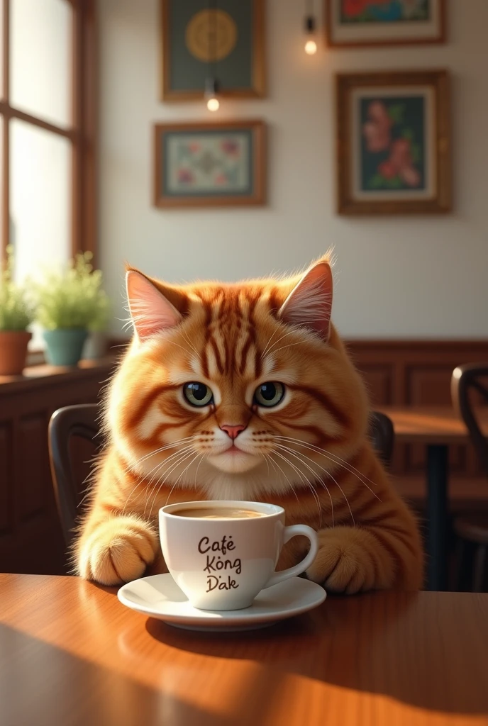 A Scottish Fold cat drinks coffee in a cozy cafe. The cat has tiger-patterned fur. Make the word "cafe Kong dak" on the coffee cup. Make sure the coffee is steaming hot. Make me a cute cat girl. The interior decoration is made up of framed Hermes scarf designs on white walls. realistic. 20mm lens. 