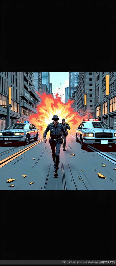 A speeding thief is stopped by the police and receives a fine but refuses to accept it and speeds away until the car explodes (comic book with lines in English