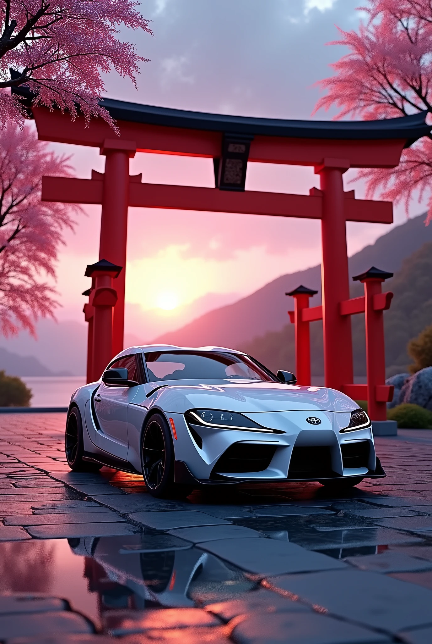 A breathtaking 3D render of a white Toyota Supra Mk5 parked in a serene traditional Japanese setting. The car stands out against the backdrop of a mesmerizing sunset, with vibrant shades of pink and purple illuminating the calm waters. An impressive red torii gate dominates the scene, casting a warm glow on the stone path lined with trees in full bloom. The moonlight adds a mystical touch to the atmosphere, creating an enchanting and cinematic experience., 3d render, photo, cinematic, vibrant