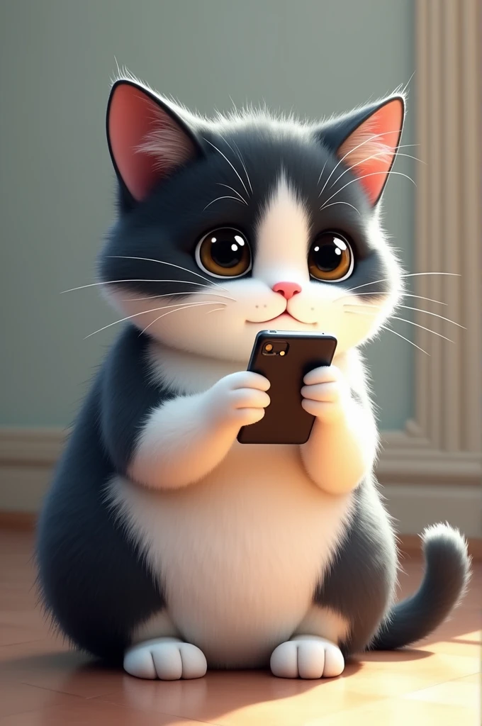A chubby white and black mixed cat is sitting looking at the phone 