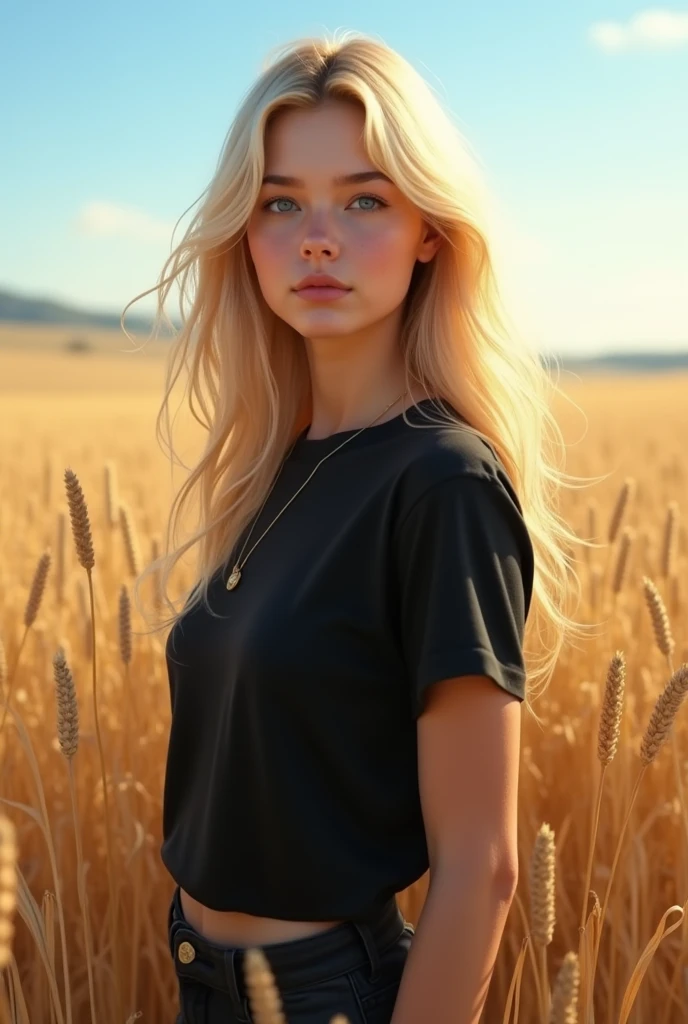 A natural blonde girl is walking in a vast wheat field she is white skinny and is wearing a loose black t-shirt that goes down to her thighs, her long 2 meter extremely long and blond hair flies in the wind stretched back her blue eyes stand out, the sunshine illuminates your ((golden looking hair)) glimmering, the blue sky and the vast endless wheat field in the background, a realistic detailed photo style image with good lighting depth HDR effect. 