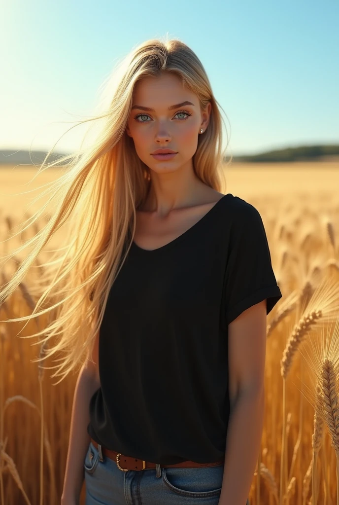 A natural blonde girl is walking in a vast wheat field she is white skinny and is wearing a loose black t-shirt that goes down to her thighs, her long 2 meter extremely long and blond hair flies in the wind stretched back her blue eyes stand out, the sunshine illuminates your ((golden looking hair)) glimmering, the blue sky and the vast endless wheat field in the background, a realistic detailed photo style image with good lighting depth HDR effect. 