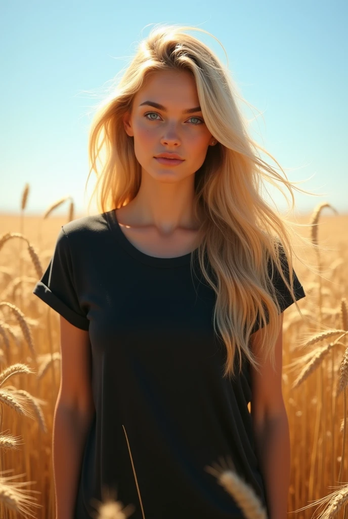 A natural blonde girl is walking in a vast wheat field she is white skinny and is wearing a loose black t-shirt that goes down to her thighs, her long 2 meter extremely long and blond hair flies in the wind stretched back her blue eyes stand out, the sunshine illuminates your ((golden looking hair)) glimmering, the blue sky and the vast endless wheat field in the background, a realistic detailed photo style image with good lighting depth HDR effect.