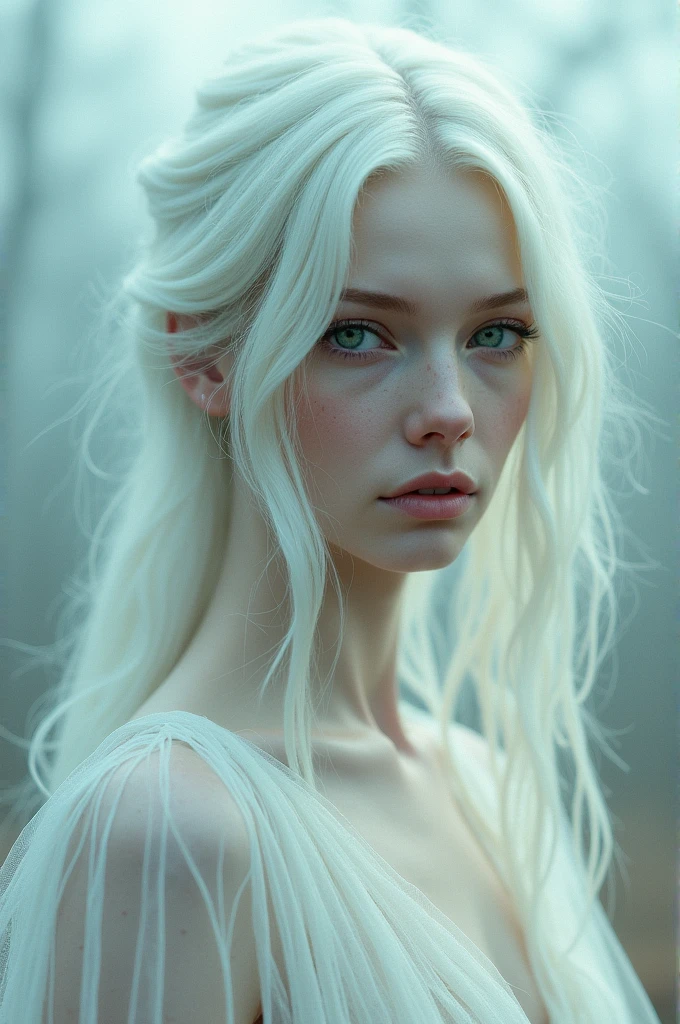 Albino woman with heterochromia and white hair, tall 