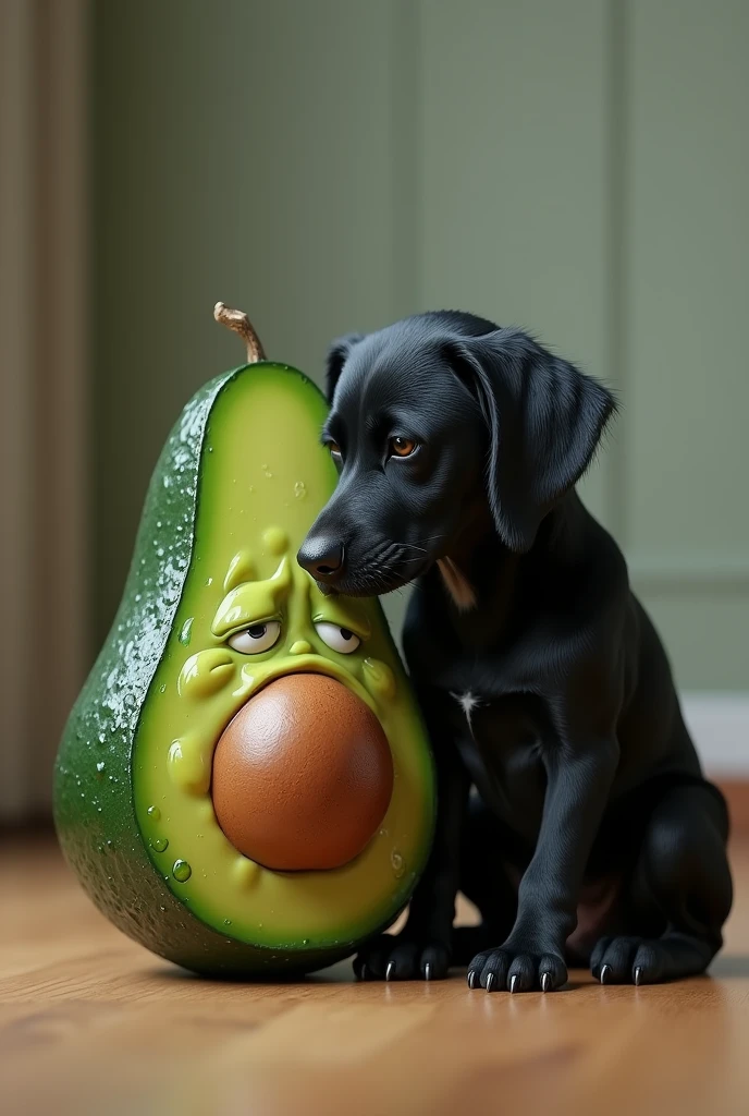 Draw the crying avocado lying on the floor and the black dog next to it