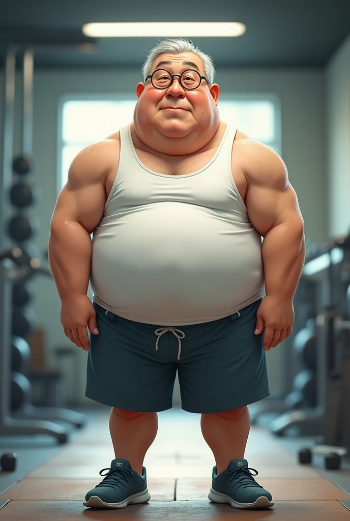 High resolution, masterpiece, In the whole body frame、Full body standing、Japanese、Ultra-short stature、Fat and obese grandpa、charming face、Small lens round rimmed glasses、Cleanliness、Thinning grey hair、Sweaty all over、White tank top、Shorts、running shoes、Background gym