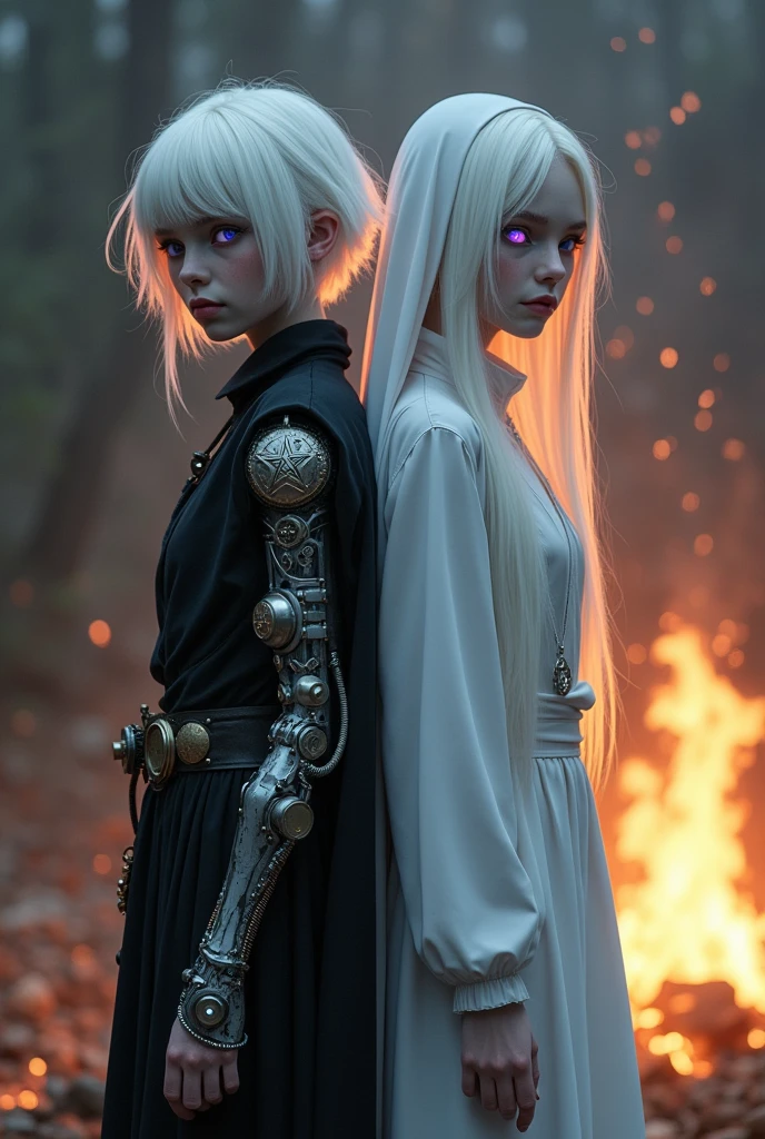 Two albino girls from the Middle Ages with white hair and soft violet eyes, back to back, with the one on the left having short hair wearing black alchemist clothes and her left arm having a steampunk prosthesis with a pentagram., and girl on the right in white nun clothes, and a cross necklace, facing a bonfire tour.