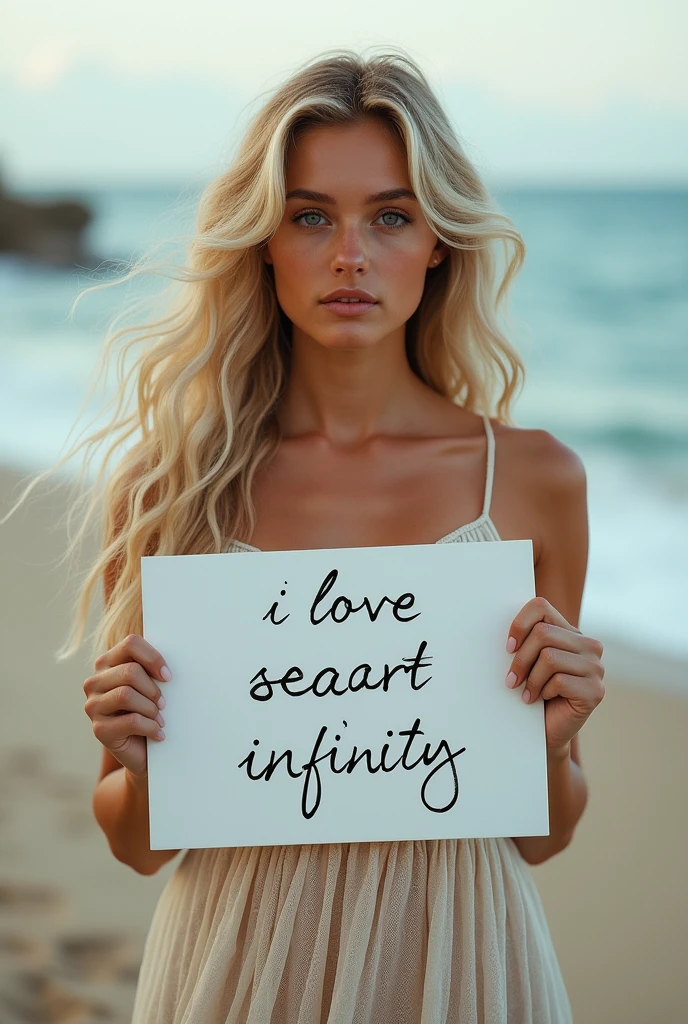 Beautiful blond girl with wavy long hair, bohemian dress, holding a white board with text "I Love Seaart Infinity" and showing it to the viewer