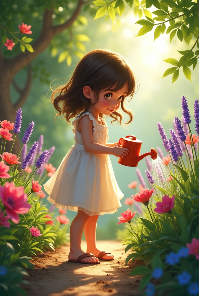 Girl watering bougainvillea and lavender

