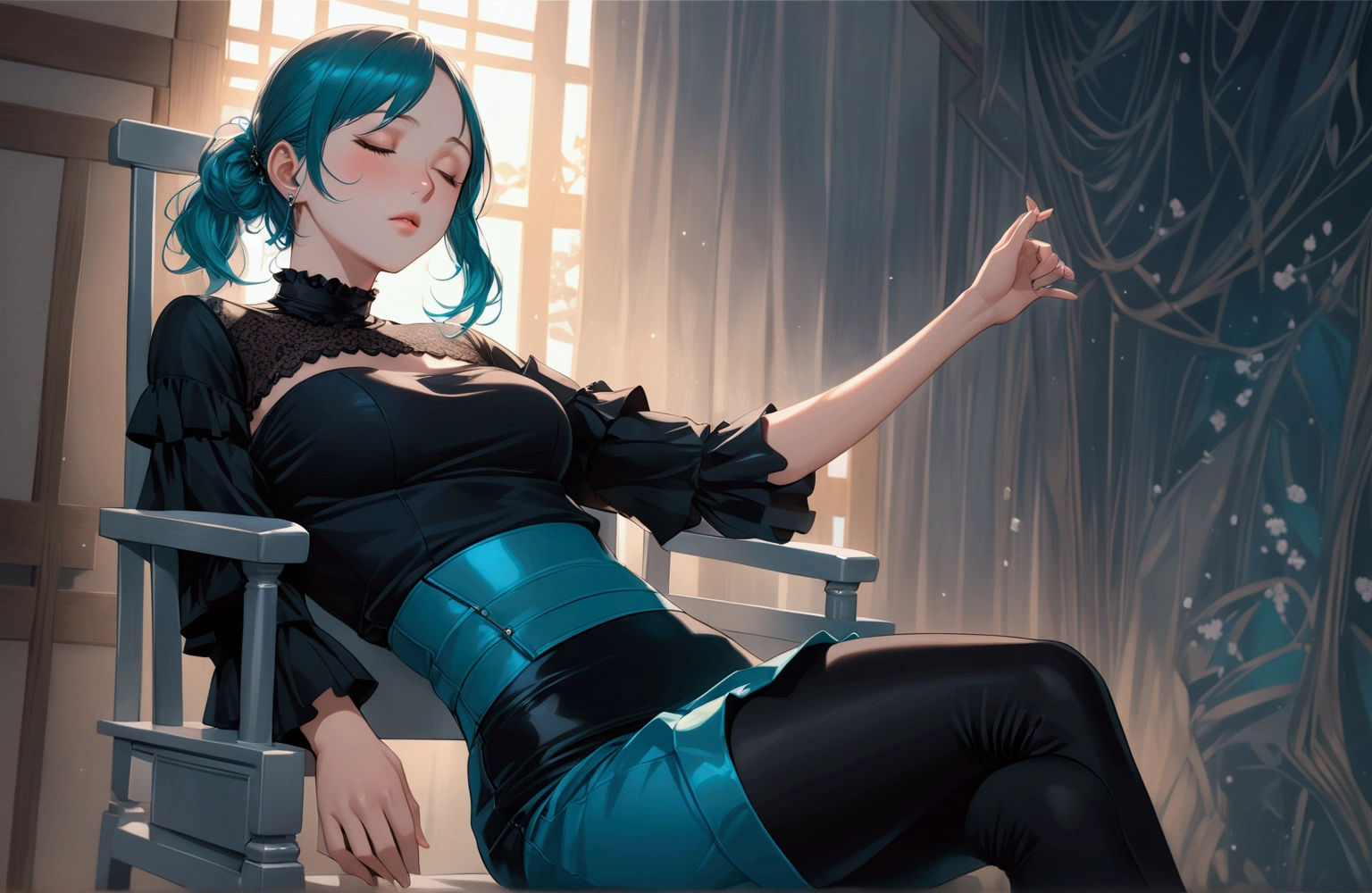 realistic anime illustration of unconscious pretty young woman is sitting on chair, closed eyes, she has black short ruffle sleeve blouse, wearing black crop strapless, crystal teal denim pencil micro skirt, (1girl, solo, full body), (masterpiece, best quality, japanese anime style), (expressive eyes, perfect face)
