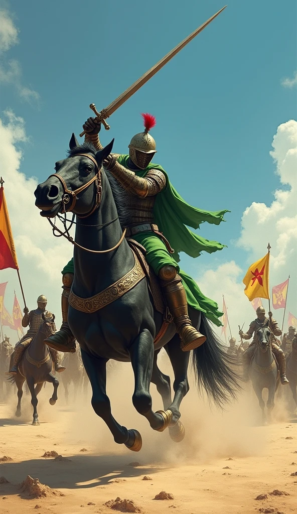 The image shows a knight on horseback, holding a large sword above his head. He is wearing a green helmet and armor, and is sitting on a black horse. The knight is holding the sword with both hands and appears to be in the middle of a battle. In the background, there are several other knights on horses, some of whom are holding flags and banners. The sky is blue and the ground is covered in sand. The overall mood of the image is tense and action-packed.