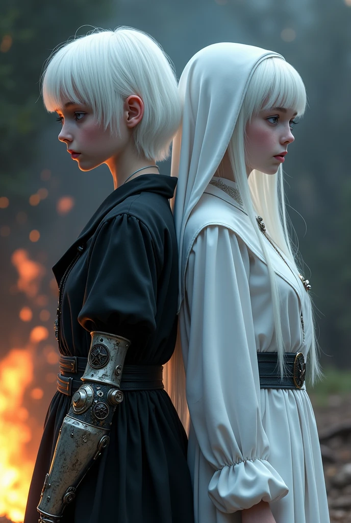 Two albino girls from the Middle Ages with white hair and soft violet eyes, back to back, with the one on the left having short hair wearing black alchemist clothes and her left arm having a steampunk prosthesis with a pentagram., and girl on the right in white nun clothes, and a cross necklace, facing a bonfire tour.
