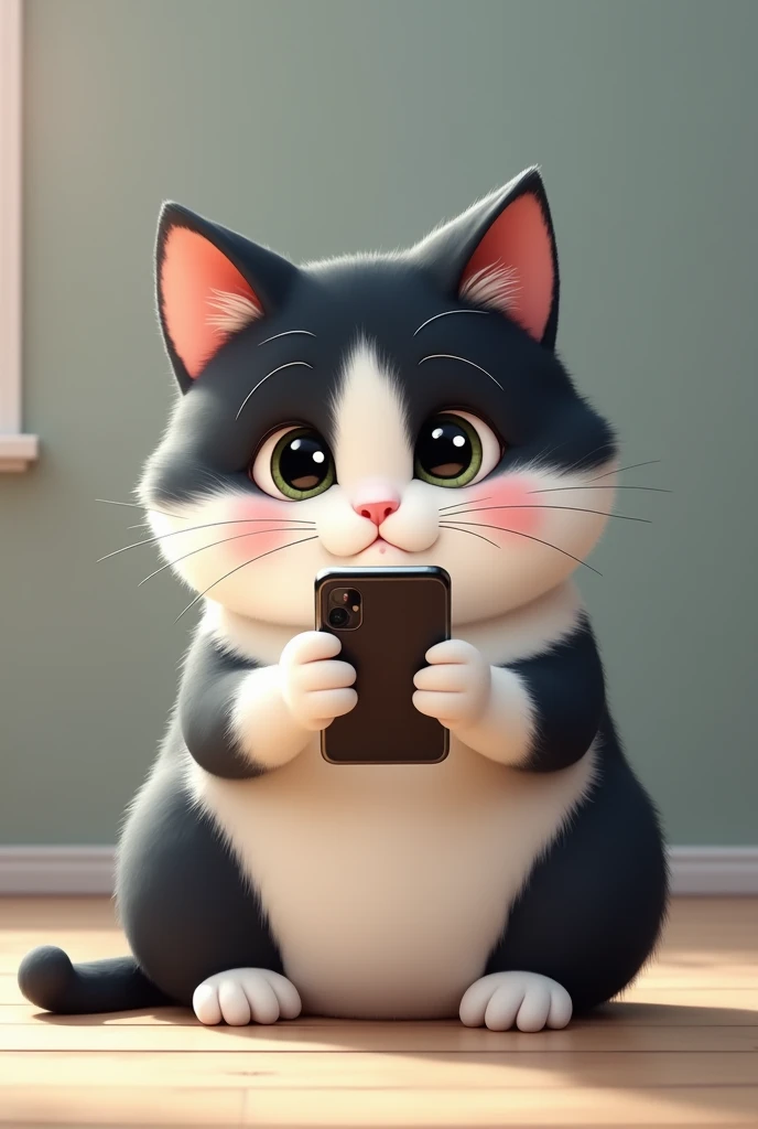 A chubby white and black mixed cat is sitting looking at the phone