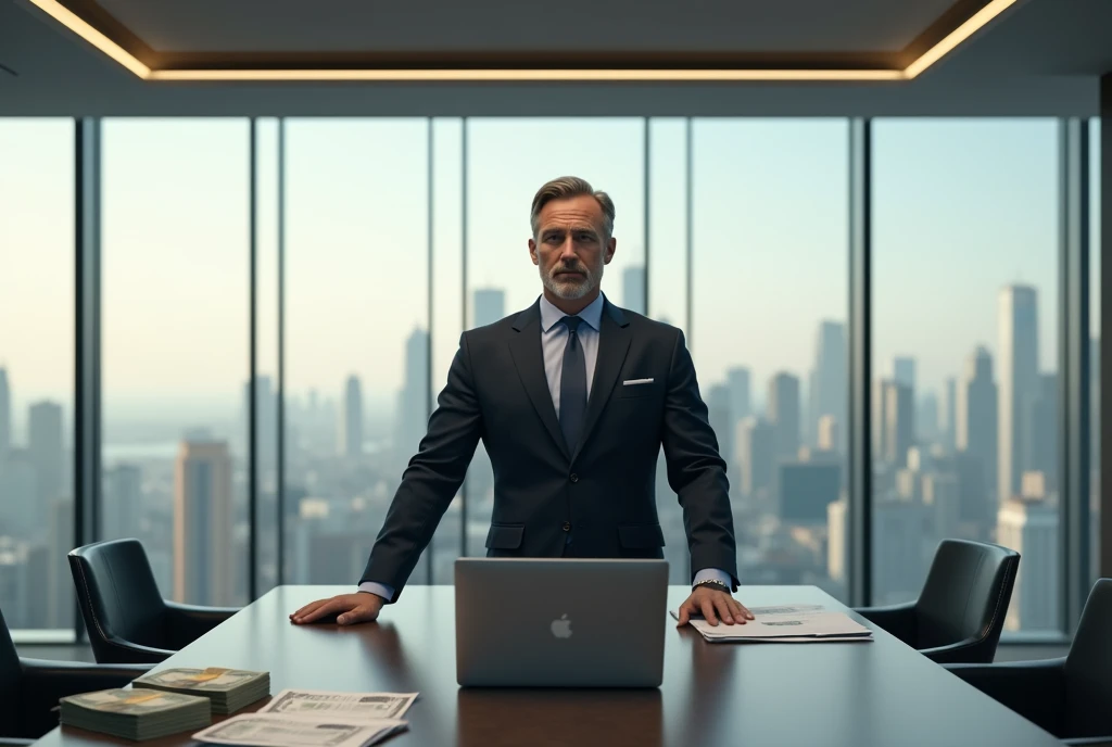 Man in a luxury office: A middle-aged businessman dressed in a tailored suit stands in a modern, minimalist office. Behind him, a glass wall reveals a spectacular view of the city. He is in front of a table with a laptop, stacks of dollar bills and important documents, symbolizing success and financial power.