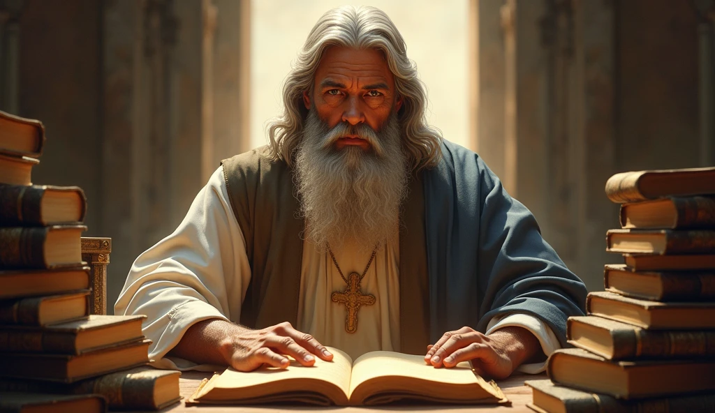 Enoch the prophet of God, surrounded by ancient books and scrolls, with an expression of concentration and wisdom. The scene is illuminated by a soft light, creating an environment of learning and discovery.