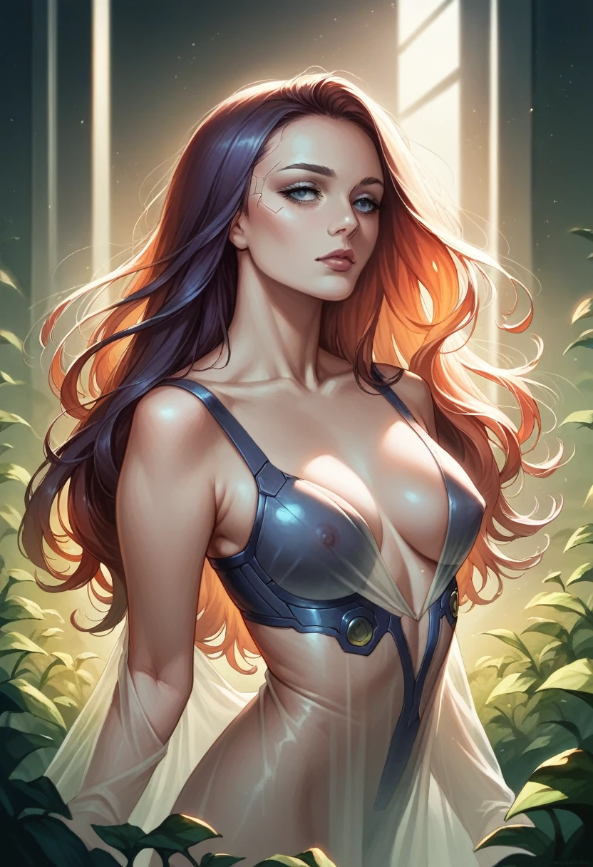 (translucent clothes), (cyberpunk), (translucent), a beautiful woman in translucent clothing, intricate clothing details, elegant pose, delicate facial features, long flowing hair, soft lighting, ethereal atmosphere, hyper detailed, photorealistic, lush colors, dramatic lighting, cinematic composition, masterpiece,