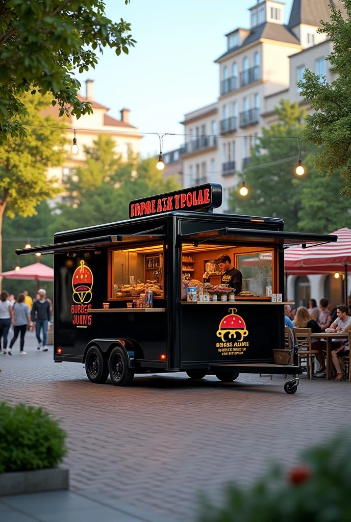 Create a snack trailer image, from a burger joint, and behind a park/square where it is located, the cart should be highlighted, The cart must be black with a prominent logo and an empty name option, to be placed at another time