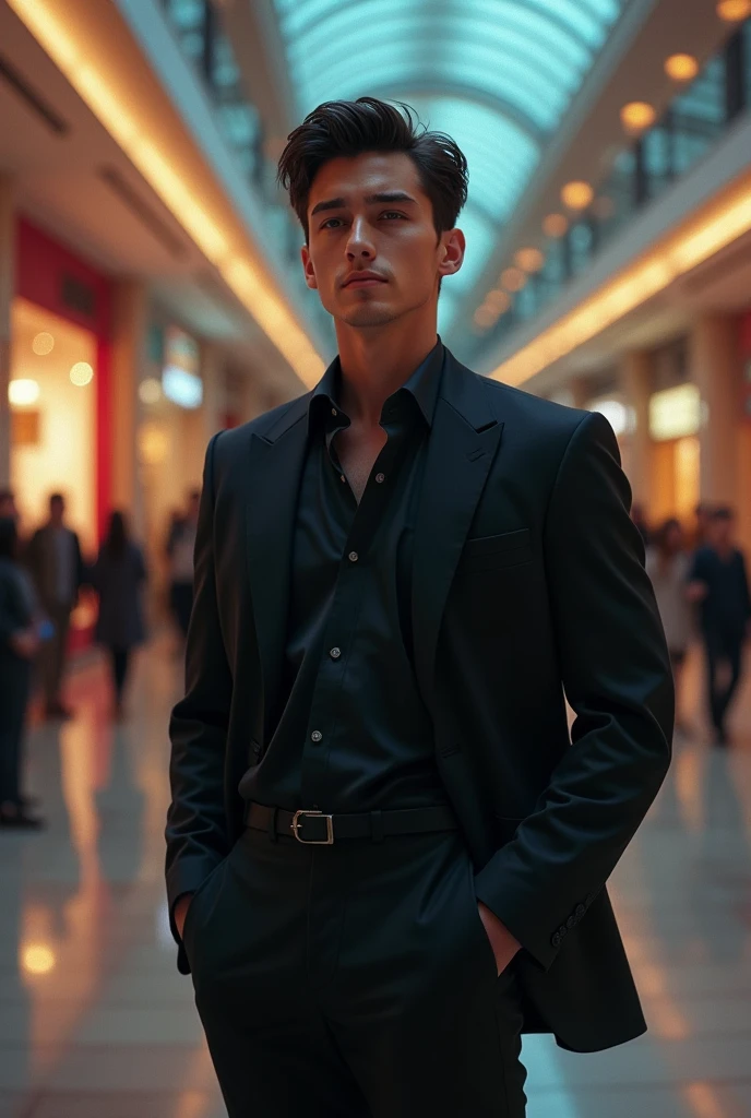 A sad handsome young man with black suit at a shopping mall, pixar disney style, cinematic, masterpiece, high-aesthetic, realistic , portrait