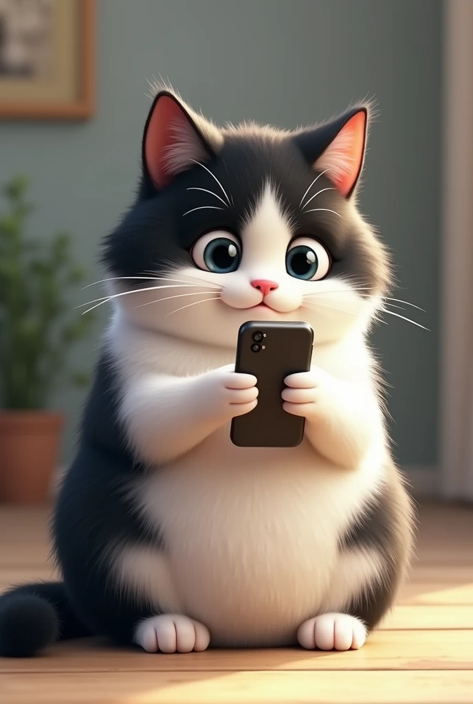 A chubby white and black mixed cat is sitting looking at the phone 