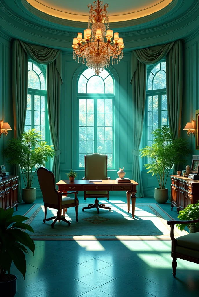 President's office and above the chandeliers green and blue environment the same but without the person I prefer the previous one