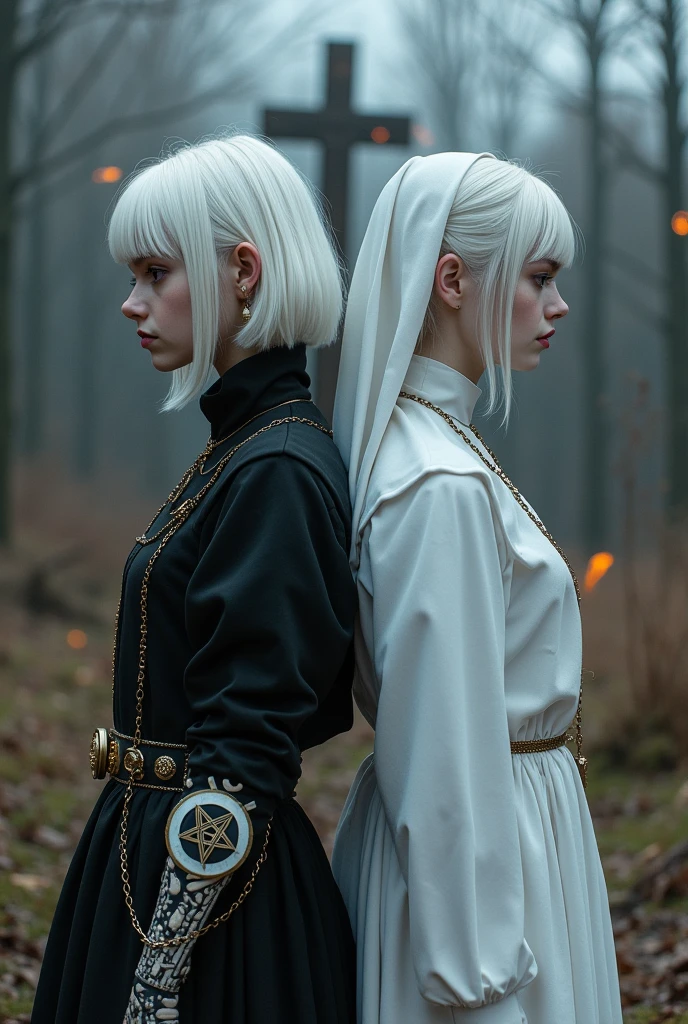 Two albino girls from the Middle Ages with white hair and soft violet eyes, back to back, with the one on the left having short hair wearing black alchemist clothes and her left arm having a steampunk prosthesis with a pentagram., and girl on the right in white nun clothes, and a cross necklace, facing an execution at the stake.