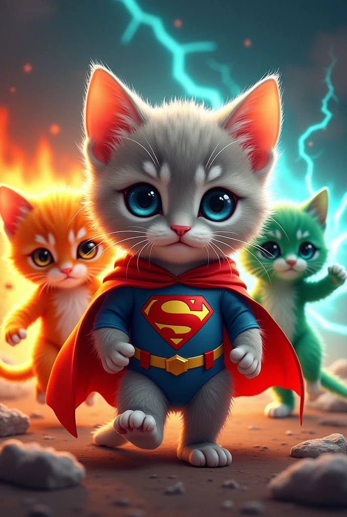 The image you uploaded shows three adorable kittens, each stylized with unique superhero-like elements:

1. **Left Kitten**: A bright red kitten with an intense fiery glow surrounding it. The kitten has a fierce, determined expression, and the background is ablaze with red and orange hues, resembling a fire-themed superhero.

2. **Center Kitten**: A gray kitten wearing a Superman-like outfit, complete with a red cape and a blue suit featuring the iconic Superman emblem. The background includes planets and a cosmic scene, highlighting a space or super-powered theme.

3. **Right Kitten**: A green kitten with an electric aura, giving off a glowing green light. The kitten appears to be standing in a charged environment, possibly representing an electricity-themed superhero.

The overall style is vibrant and playful, combining the cuteness of kittens with the epicness of superhero themes. The center of the image features the text "CARTOON FINAL UNIVERSE" in bold, positioned across the chest of the middle kitten, which further emphasizes the theme of a cartoon or animated superhero universe.