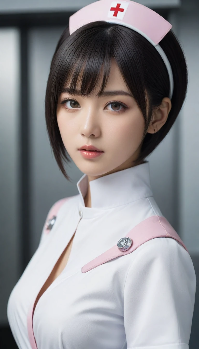 8k, Ultra-high resolution, Highest quality, masterpiece, 三分割法によるphotograph,Surreal, photograph, 1 , (:1.3), cute, cute顔, 細部までBeautiful Eyes, 細かくdetailedに,masterpiece,One Girl:1.2,Japanese women,nurse,upper body,glaring,Black short hair,Bowl cut,ID photo,((Humanoid Android)),(Nurse uniform of the future:1.3),Mechanized body,cyber punk,Eccentric,Medical Treatment Room,white collar,(Beautiful attention to detail),Subtle details, detailedな顔,anger,Attractive eyes,(ポートレートphotograph:1.4),(Photorealistic images:1.4),Fantasy art,(Beautiful Face:1.4),美しくAttractive eyes、Beautiful Eyes,Silver residue,(Tight waist:1.4)、(Beautiful with perfect body proportions:1.4),Pink Lips,profile,(((Ideal body type))),A-cup small breasts :2,、Portraiture:2、Perfect Anatomy、鮮明なdetailed、detailed,Fashion magazine cover,Thin lips,完璧でBeautiful Face ,完璧でcute顔, Skin with attention to detail, Perfect limbs、Narrow waist,Surreal,Light and shadow,spotlight