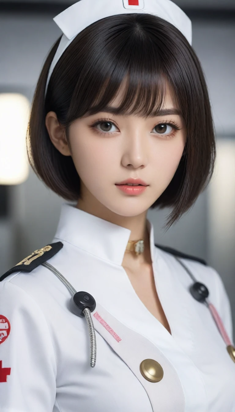 8k, Ultra-high resolution, Highest quality, masterpiece, 三分割法によるphotograph,Surreal, photograph, 1 , (:1.3), cute, cute顔, 細部までBeautiful Eyes, 細かくdetailedに,masterpiece,One Girl:1.2,Japanese women,nurse,upper body,glaring,Black short hair,Bowl cut,ID photo,((Humanoid Android)),(Nurse uniform of the future:1.3),Mechanized body,cyber punk,Eccentric,Medical Treatment Room,white collar,(Beautiful attention to detail),Subtle details, detailedな顔,anger,Attractive eyes,(ポートレートphotograph:1.4),(Photorealistic images:1.4),Fantasy art,(Beautiful Face:1.4),美しくAttractive eyes、Beautiful Eyes,Silver residue,(Tight waist:1.4)、(Beautiful with perfect body proportions:1.4),Pink Lips,profile,(((Ideal body type))),A-cup small breasts :2,、Portraiture:2、Perfect Anatomy、鮮明なdetailed、detailed,Fashion magazine cover,Thin lips,完璧でBeautiful Face ,完璧でcute顔, Skin with attention to detail, Perfect limbs、Narrow waist,Surreal,Light and shadow,spotlight