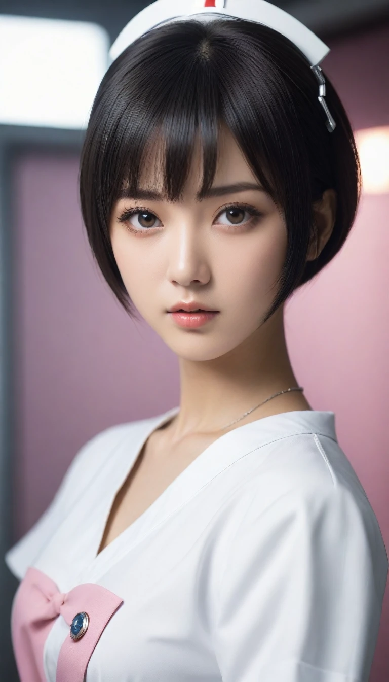 8k, Ultra-high resolution, Highest quality, masterpiece, 三分割法によるphotograph,Surreal, photograph, 1 , (:1.3), cute, cute顔, 細部までBeautiful Eyes, 細かくdetailedに,masterpiece,One Girl:1.2,Japanese women,nurse,upper body,glaring,Black short hair,Bowl cut,ID photo,((Humanoid Android)),(Nurse uniform of the future:1.3),Mechanized body,cyber punk,Eccentric,Medical Treatment Room,white collar,(Beautiful attention to detail),Subtle details, detailedな顔,anger,Attractive eyes,(ポートレートphotograph:1.4),(Photorealistic images:1.4),Fantasy art,(Beautiful Face:1.4),美しくAttractive eyes、Beautiful Eyes,Silver residue,(Tight waist:1.4)、(Beautiful with perfect body proportions:1.4),Pink Lips,profile,(((Ideal body type))),A-cup small breasts :2,、Portraiture:2、Perfect Anatomy、鮮明なdetailed、detailed,Fashion magazine cover,Thin lips,完璧でBeautiful Face ,完璧でcute顔, Skin with attention to detail, Perfect limbs、Narrow waist,Surreal,Light and shadow,spotlight