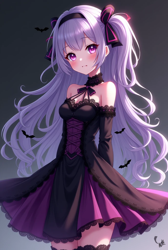 “A detailed, highly stylized anime character design. The character is a young woman with long, flowing lavender hair styled into voluminous curls, with some of it tied up in a side bun adorned with a black and pink ribbon. She has large, expressive purple eyes that are slightly melancholic. Her outfit is a mix of gothic and elegant, featuring a black and purple dress with a plunging neckline, accented by intricate lace and bat motifs. The top part of the dress is tight-fitting, emphasizing her figure, while the skirt flares out slightly. The overall color palette of her attire and hair is dominated by shades of purple, black, and pink. The background is a gradient from black to gray, emphasizing the character’s vibrant appearance.”
