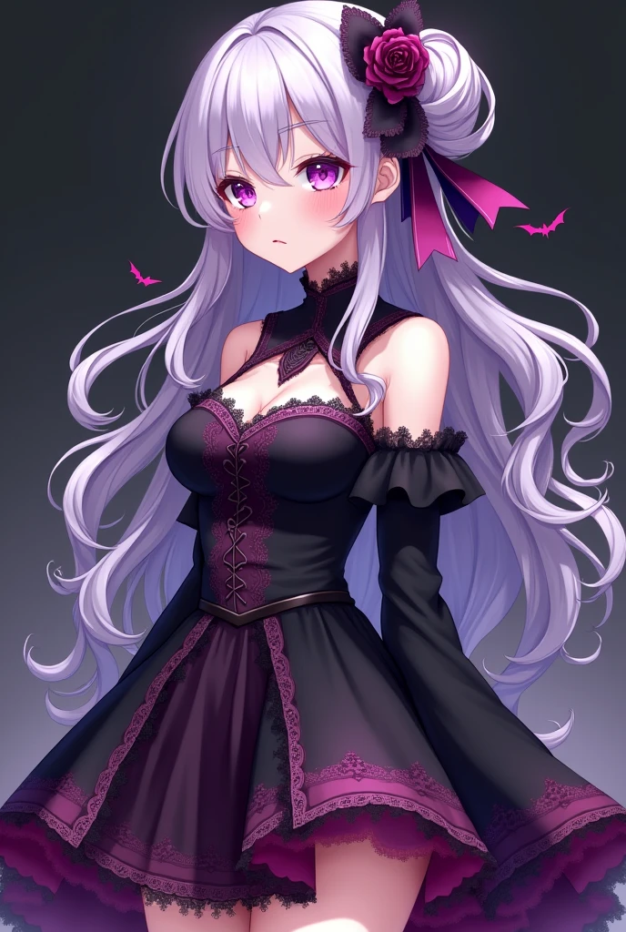 “A detailed, highly stylized anime character design. The character is a young woman with long, flowing lavender hair styled into voluminous curls, with some of it tied up in a side bun adorned with a black and pink ribbon. She has large, expressive purple eyes that are slightly melancholic. Her outfit is a mix of gothic and elegant, featuring a black and purple dress with a plunging neckline, accented by intricate lace and bat motifs. The top part of the dress is tight-fitting, emphasizing her figure, while the skirt flares out slightly. The overall color palette of her attire and hair is dominated by shades of purple, black, and pink. The background is a gradient from black to gray, emphasizing the character’s vibrant appearance.”