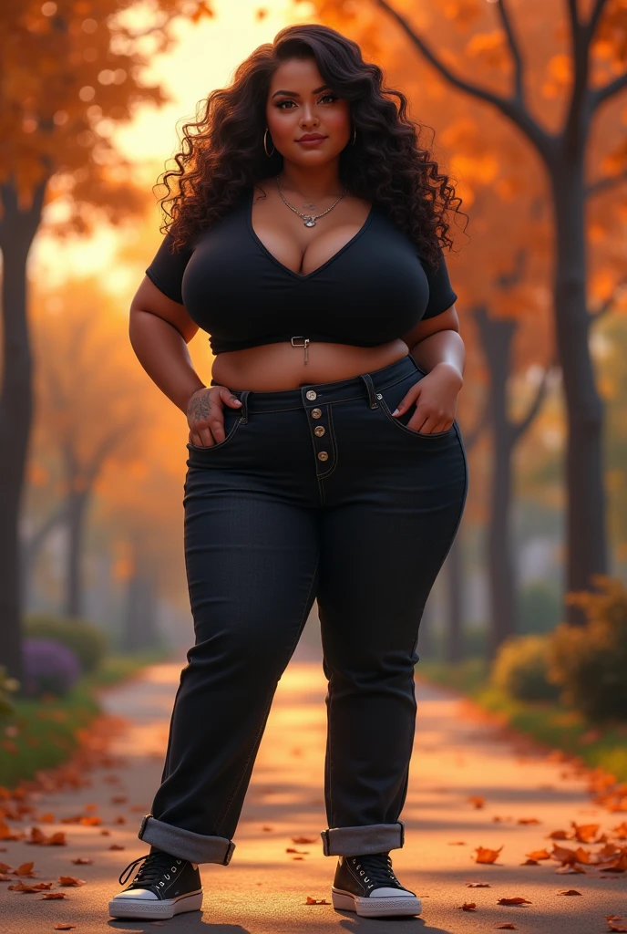 A beautiful short, half chubby, sexy brunette woman is dressed in black, black bra, thong panties, has a large chest, has short, medium-curly dark brown hair, light brown eyes, a beautiful smile, has a silver tattoo, hoop earrings, and charming, sensual beauty, has 1,58 alto is 2, Her name is Larisa, She has hot black eyebrows, She is wearing a long black t-shirt, a pair of long black jeans, A pair of black sneakers in a Pixar-style park