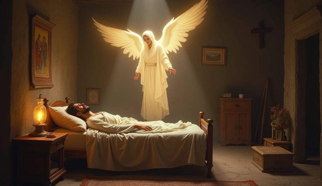 biblical history:
in a house in bethlehem an angel of the Lord appeared in a dream to Joseph who was sleeping