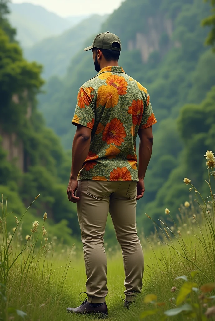 A tall, somewhat strong man wearing a cap, a Brazilian shirt and beige pants, back to back in a natural landscape, with grass and forest behind. PICTURE REALISTIC.