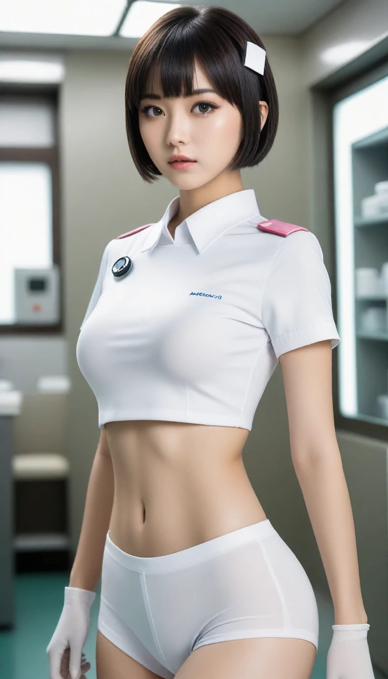 (masterpiece:1.3), (8k, Realistic, RAW Photos, Best image quality: 1.4), Japanese, (1 girl), Beautiful Face, (Lively Faces), (short hair:1.3), Beautiful Hairstyles, Realistic eyes, Beautiful Eyes, (Realistic Skin), Beautiful Skin, charm,Big Breasts、office、(Shooting from a distance、Beautiful feet、whole body:1.7)、(Look here、He turned his body towards me、front、forward leaning posture、munechira:1.3)、(The bra is slightly visible、Brasilia:1.3)、(White shirtを着ている、Round Neck Shirt、A shirt with a slightly open chest、White short sleeve shirt、White shirt:1.8)、(Cleavage:1.2),smile、smile、Beautiful fingertips、(Japanese office lady,beauty:1.5)、(Black spats、White shirt、Tight shirt、Clothing that emphasizes your body line),(The edge of the bra is slightly visible、Exposed breasts、Brasilia:1.3)、(Hospital room、hospital、Health Room)、(Female doctor、Female doctor、Wearing a white coat:1.4),(V-neck shirt,Cleavage、The bra is slightly visible:1.5),Red embroidered bra、Sitting、(Panties are visible、Crotch is visible:1.4)、Anatomically correct、(Wearing a shirt、Wearing a tight skirt:1.8)