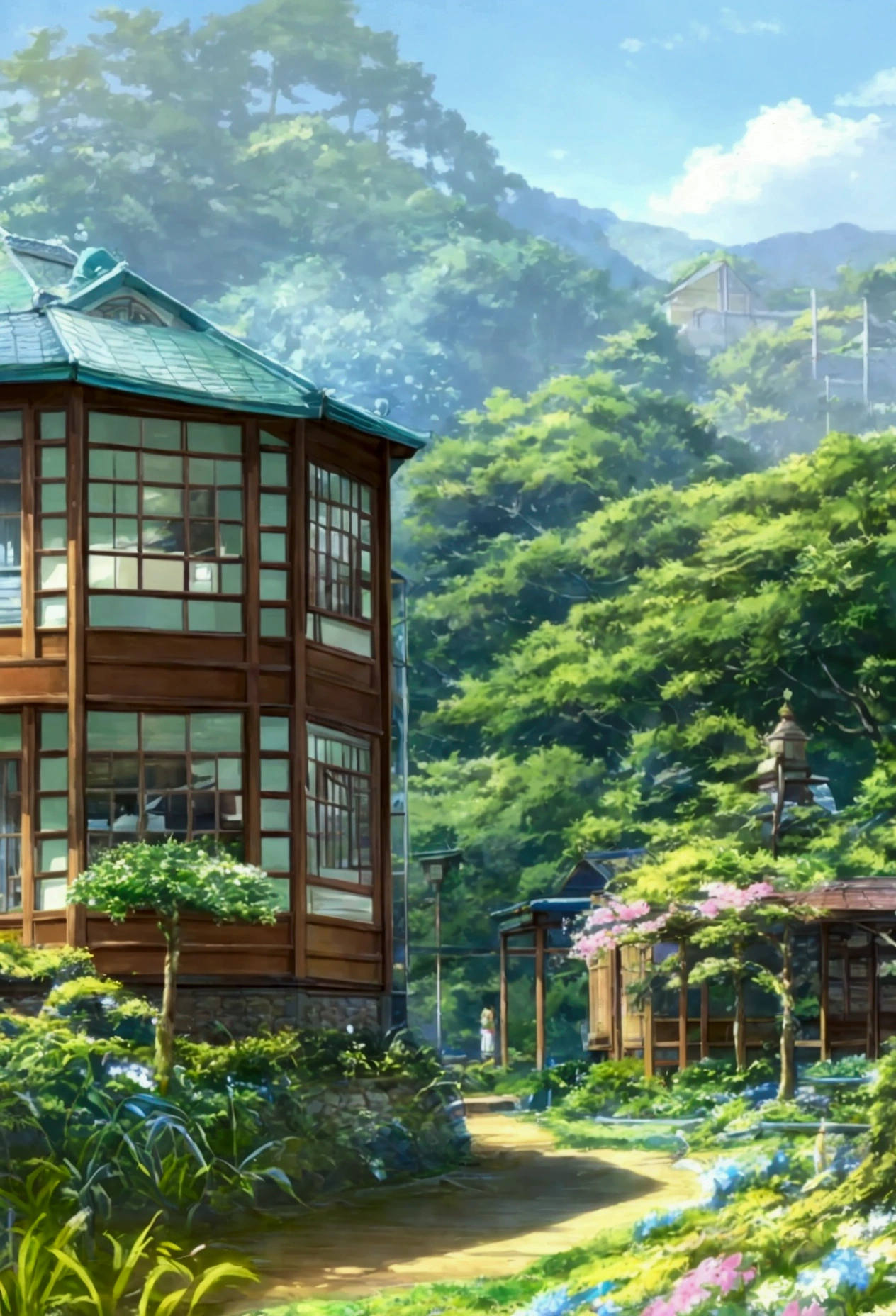 A serene seaside cottage surrounded by blooming flowers and lush greenery, set against a clear blue sky with fluffy white clouds. The scene is bathed in warm sunlight, casting soft shadows on the cottage and the garden. The style is reminiscent of a detailed and vibrant Japanese anime landscape, focusing on a peaceful and idyllic atmosphere similar to the works of Makoto Shinkai