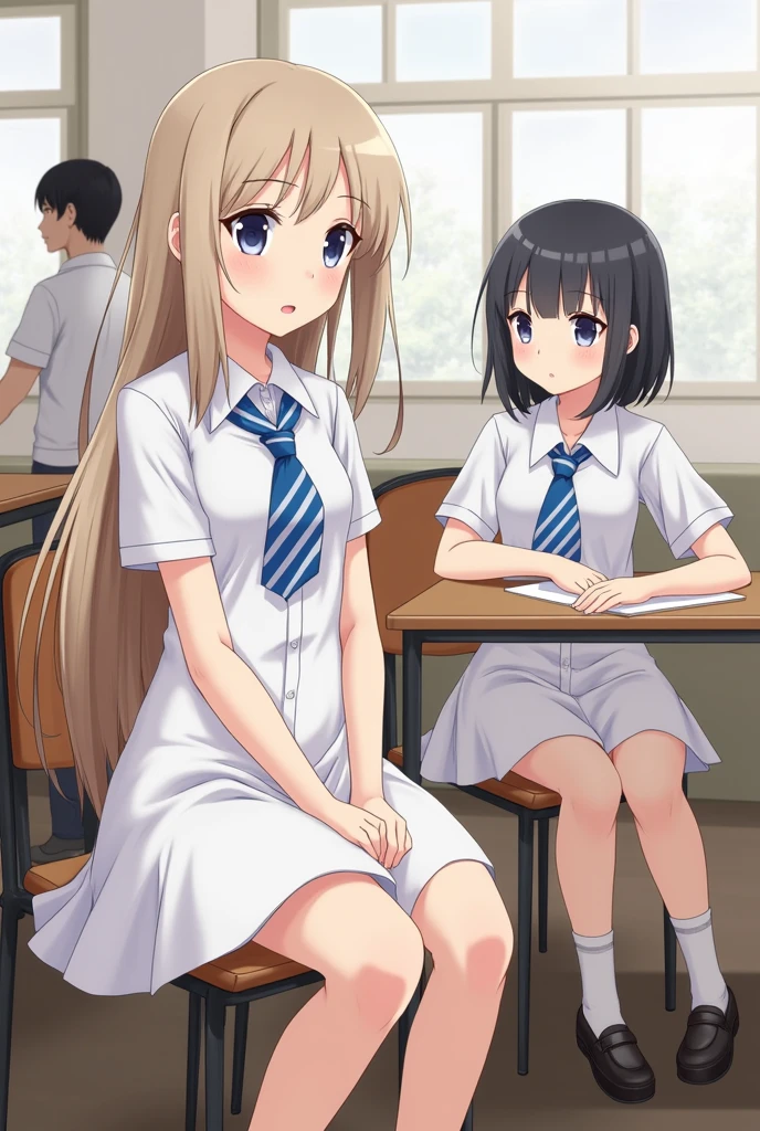 Short hair girl look at long hair girl while teacher in class. They are in school with their school uniform. But girly girl don't know it.they sit at classroom.they wear white frock uniform with blue and white line tie.