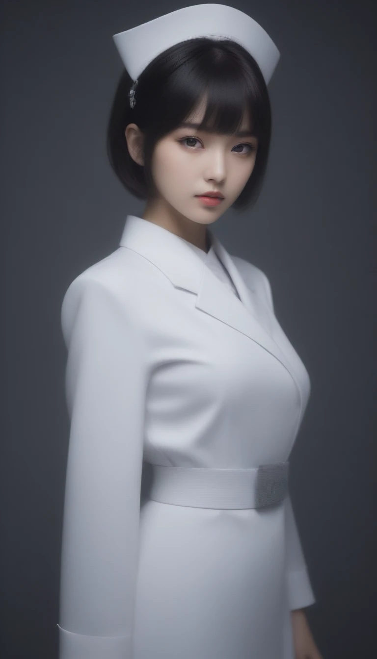 8k, Ultra-high resolution, Highest quality, masterpiece, 三分割法によるphotograph,Surreal, photograph, 1 , (:1.3), cute, cute顔, 細部までBeautiful Eyes, 細かくdetailedに,masterpiece,One Girl:1.2,Japanese women,nurse,upper body,glaring,Black short hair,Bowl cut,ID photo,((Humanoid Android)),(Nurse uniform of the future:1.3),Mechanized body,cyber punk,Eccentric,Medical Treatment Room,white collar,(Beautiful attention to detail),Subtle details, detailedな顔,anger,Attractive eyes,(ポートレートphotograph:1.4),(Photorealistic images:1.4),Fantasy art,(Beautiful Face:1.4),美しくAttractive eyes、Beautiful Eyes,Silver residue,(Tight waist:1.4)、(Beautiful with perfect body proportions:1.4),Pink Lips,profile,(((Ideal body type))),A-cup small breasts :2,、Portraiture:2、Perfect Anatomy、鮮明なdetailed、detailed,Fashion magazine cover,Thin lips,完璧でBeautiful Face ,完璧でcute顔, Skin with attention to detail, Perfect limbs、Narrow waist,Surreal,Light and shadow,spotlight