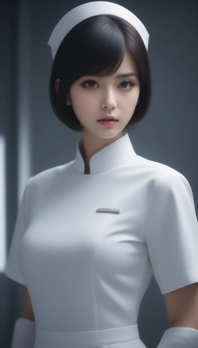 8k, Ultra-high resolution, Highest quality, masterpiece, 三分割法によるphotograph,Surreal, photograph, 1 , (:1.3), cute, cute顔, 細部までBeautiful Eyes, 細かくdetailedに,masterpiece,One Girl:1.2,Japanese women,nurse,upper body,glaring,Black short hair,Bowl cut,ID photo,((Humanoid Android)),(Nurse uniform of the future:1.3),Mechanized body,cyber punk,Eccentric,Medical Treatment Room,white collar,(Beautiful attention to detail),Subtle details, detailedな顔,anger,Attractive eyes,(ポートレートphotograph:1.4),(Photorealistic images:1.4),Fantasy art,(Beautiful Face:1.4),美しくAttractive eyes、Beautiful Eyes,Silver residue,(Tight waist:1.4)、(Beautiful with perfect body proportions:1.4),Pink Lips,profile,(((Ideal body type))),A-cup small breasts :2,、Portraiture:2、Perfect Anatomy、鮮明なdetailed、detailed,Fashion magazine cover,Thin lips,完璧でBeautiful Face ,完璧でcute顔, Skin with attention to detail, Perfect limbs、Narrow waist,Surreal,Light and shadow,spotlight