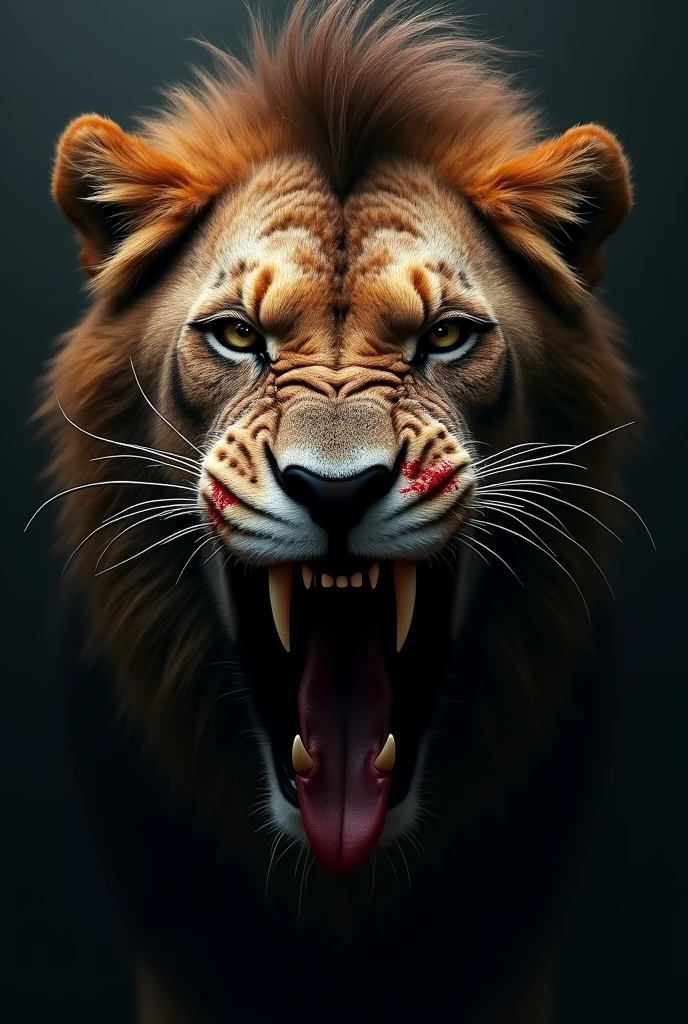 scary dark lion with blood scars, just face