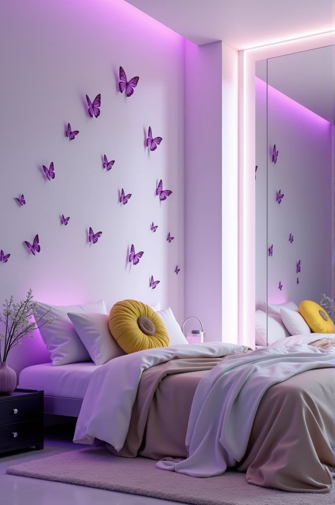 A room with white walls, purple butterflies stuck to the wall at the foot of the bed, a black nightstand, a large white mirror, purple LED lights, white and beige bed sheets and a yellow flower-shaped pillow
