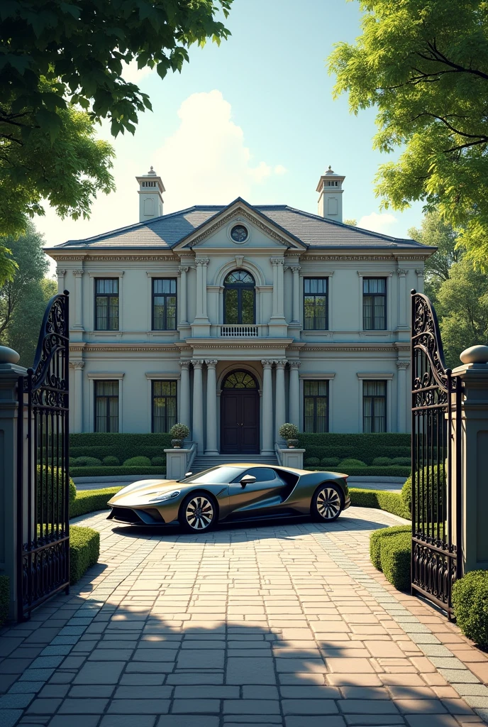A picture of a beautiful house with a courtyard, a nice gate, a car and trees 
