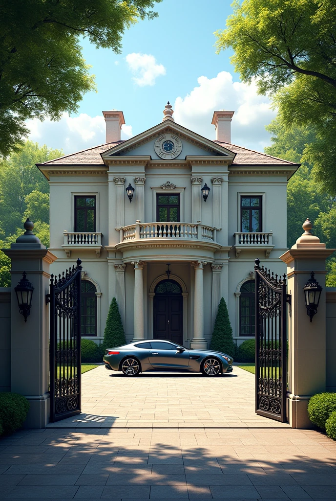 A picture of a beautiful house with a courtyard, a nice gate, a car and trees