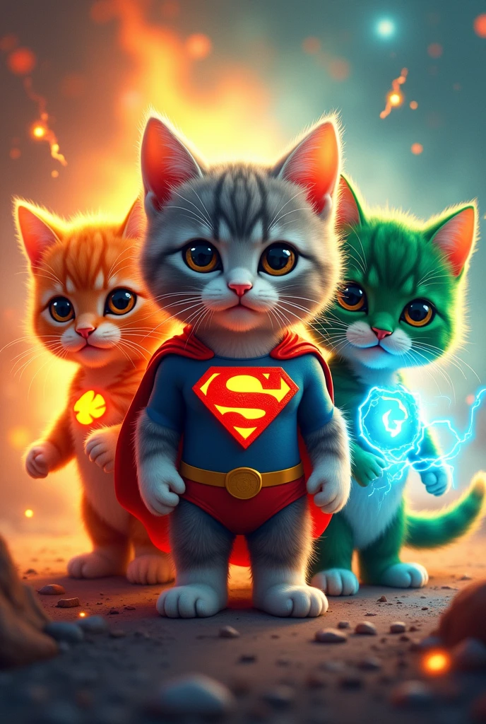 The image you uploaded shows three adorable kittens, each stylized with unique superhero-like elements:
1. **Left Kitten**: A bright red kitten with an intense fiery glow surrounding it. The kitten has a fierce, determined expression, and the background is ablaze with red and orange hues, resembling a fire-themed superhero.
2. **Center Kitten**: A gray kitten wearing a Superman-like outfit, complete with a red cape and a blue suit featuring the iconic Superman emblem. The background includes planets and a cosmic scene, highlighting a space or super-powered theme.
3. **Right Kitten**: A green kitten with an electric aura, giving off a glowing green light. The kitten appears to be standing in a charged environment, possibly representing an electricity-themed superhero.
The overall style is vibrant and playful, combining the cuteness of kittens with the epicness of superhero themes. The center of the image features the text "CARTOON FINAL UNIVERSE" in bold, positioned across the chest of the middle kitten, which further emphasizes the theme of a cartoon or animated superhero universe.