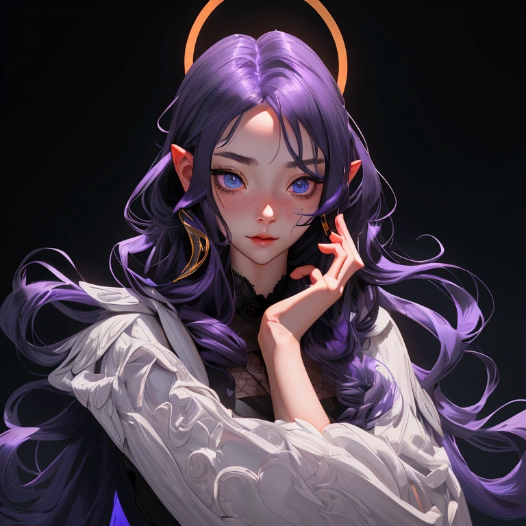envision a 8k, highres, cinematic, close up beautiful portrait of a slender girl named Ina'nis Ninomae with long purple hair, blue eyes, in a black dress with lace and waist wings with a golden halo above her head against a dark gray background