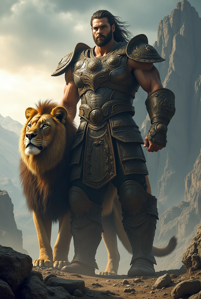 Epic warrior with a giant lion